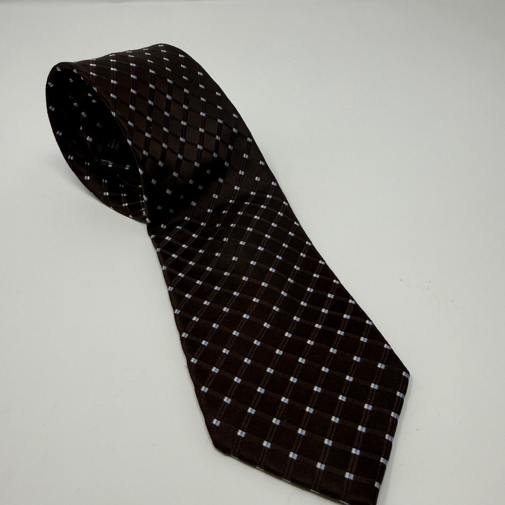Van Heusen Mens Brown Geometric Grid 100% Silk Stain Shield‎ Necktie 3.25" Wide